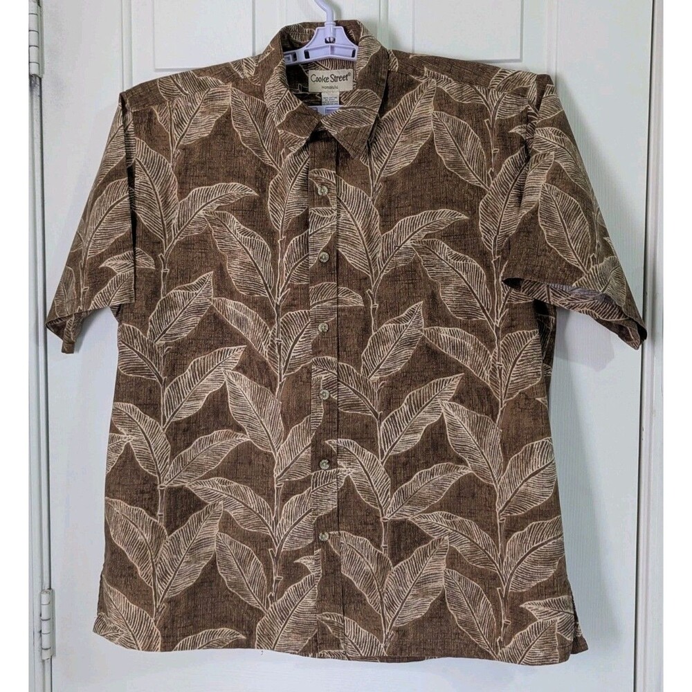 Cooke Street S/S Button Shirt Mens Large Brown Hawaiian Palm Leaves Polynesian